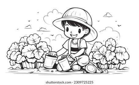 Vector Illustration, Illustration of a Child Planting Vegetables