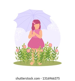 vector illustration child play beautiful flower spring nature colorful blossom summer outdoor plant children kids happy park playing cartoon child childhood  garden pink dress