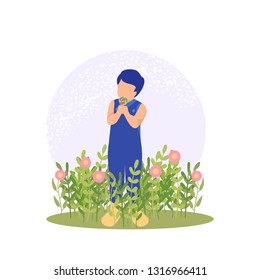 vector illustration child play beautiful flower spring nature colorful blossom summer outdoor plant children kids happy park playing cartoon child childhood  garden pink dress