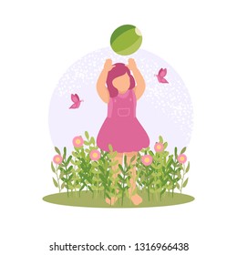 vector illustration child play beautiful flower spring nature colorful blossom summer outdoor plant children kids happy park playing cartoon child childhood  garden pink dress