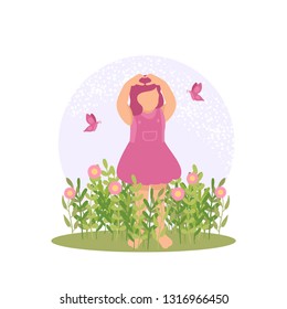 vector illustration child play beautiful flower spring nature colorful blossom summer outdoor plant children kids happy park playing cartoon child childhood  garden pink dress