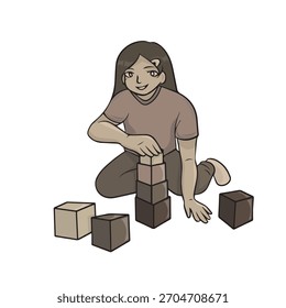ilustração vetorial de uma criança brincando com blocos, estilo vintage.