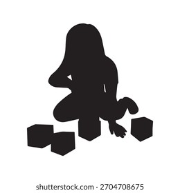 ilustração vetorial de uma criança brincando com blocos, estilo sillhouette.