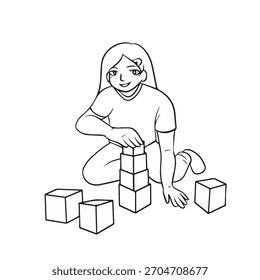 ilustração vetorial de uma criança brincando com blocos, estilo de contorno.
