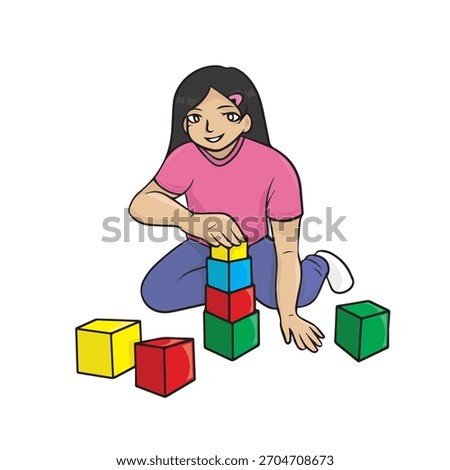 vector illustration of a child playing with blocks, original style.
