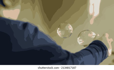 Ilustración vectorial. Niño jugando con un soplador de burbujas. Capturado por detrás de la mano y extendida. Una burbuja se aferra al soplador de burbujas
