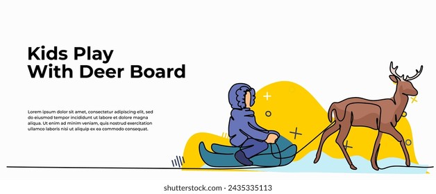 Vector illustration of a child playing with deer in winter. Modern flat in continuous line style.