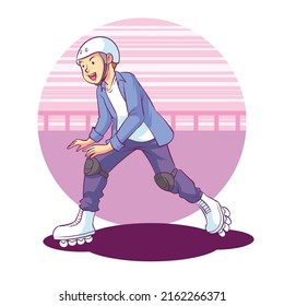ilustración vectorial de un niño jugando patines de rodillos. ella parecía feliz.