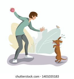 Vector illustration Child plays with a dog