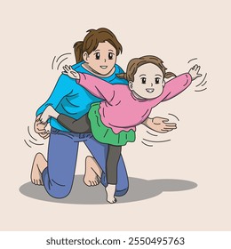 Ilustración vectorial de un niño practicando ballet con su madre. Ilustración para conmemorar el Día Mundial de la Madre
