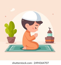 Ilustración vectorial de un niño rezando después de rezar en el mes de Ramadán