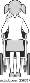 Vector Illustration of child pushing a wheelchair.Illustration material of a child who helps with housework, Young carer.Black and white illustration.