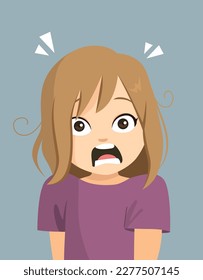 Vector illustration of child reacting with astonished face expression. Girl feeling fear concept