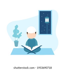 Vector illustration of a child reading the Koran. ramadan background icon.