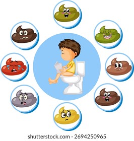 Vector illustration of child reading on toilet, surrounded by colorful cartoon poop characters with emotions.