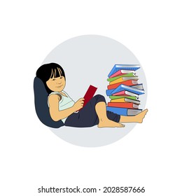 vector illustration, child reading, with stack of books. international literacy day