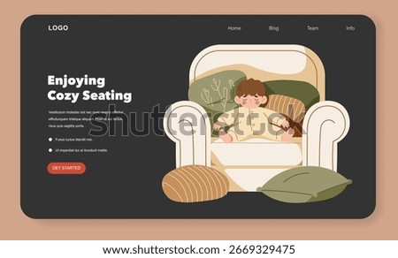 Vector illustration of a child relaxing in a comfortable armchair surrounded by cushions and pillows. Ideal for home decor or children's room design concepts.