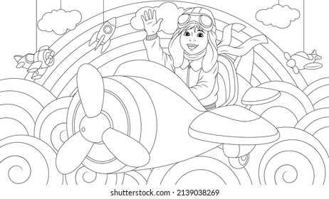 Vector illustration, a child rides a helicopter, coloring book