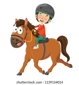 Vector Illustration Of Child Riding Horse