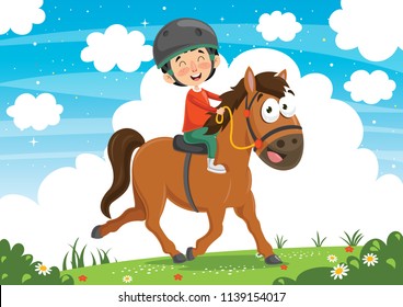 Vector Illustration Of Child Riding Horse