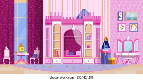 Vector illustration of child room. Pretty room for a little girl princess in pink colours with castle, dressing table, chairs, teapot, pictures. Cozy room of girls dream.