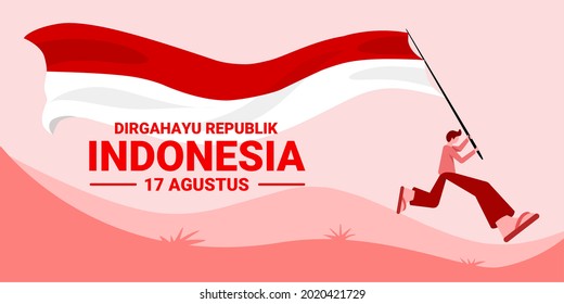 Vector illustration, a child running carrying a flag, with the text "Dirgahayu Republik Indonesia, 17 Agustus", which means (Long live the Republic of Indonesia, 17 August).