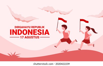 Vector illustration, a child running carrying a flag, with the text "Dirgahayu Republik Indonesia, 17 Agustus", which means (Long live the Republic of Indonesia, 17 August).