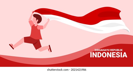 Vector illustration, a child running carrying a flag, with the text "Dirgahayu Republik Indonesia", which means (long live the Republic of Indonesia).