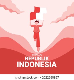 Vector illustration, a child running carrying a flag, with the text "Dirgahayu Republik Indonesia", which means (long live the Republic of Indonesia).