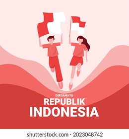 Vector illustration, a child running carrying a flag, with the text "Dirgahayu Republik Indonesia", which means (long live the Republic of Indonesia).