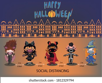 Vector illustration. Child safety from coronavirus during Halloween celebrations. 
Children in protective masks celebrate Halloween