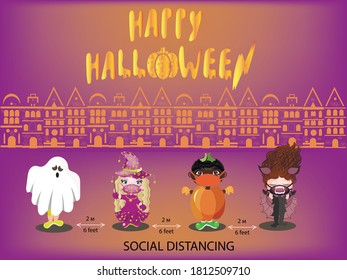 Vector illustration. Child safety from coronavirus during Halloween celebrations. 
Celebrating Halloween amid coronavirus