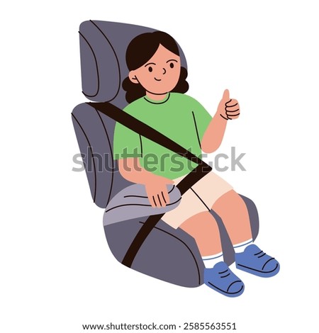 Vector illustration of child securely fastened in car seat. Protection for kids in cars. Flat cartoon girl character with thumb up, safety harness, seat belt, simple composition for children road trip