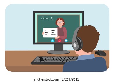 vector illustration a child sits in front of a computer and listens to an online English lesson in headphones