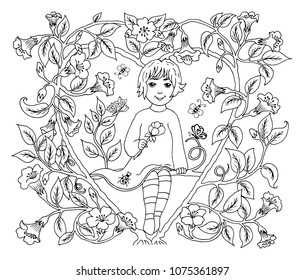 Vector illustration. The child sits on a branch of a bush in flowers. Coloring book. Anti Stress for adults and children. The work is done manually. Black and white.