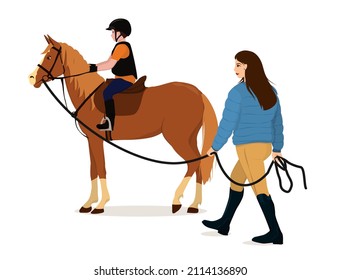 vector illustration of a child sitting on a horse held on a leash by a young woman. The topic of equestrian training