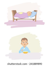 Vector illustration of a child sleaping and eating