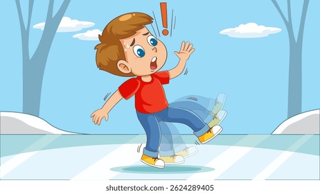 Vector illustration of a child slipping on ice. Bright colors, cartoon style, dynamic motion lines enhance the playful winter theme