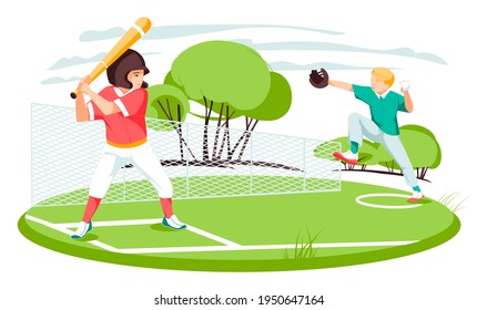 Vector Illustration. Child sport and activities. Baseball cartoon players: catcher, pitcher in modern flat style.  Baseball characters.