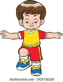 ilustración vectorial de un niño de pie en una pierna, niño de kindergarten