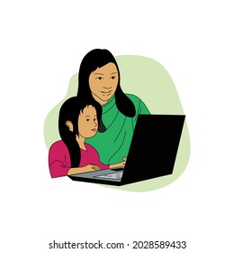 vector illustration, child studying with computer assisted tutor. international literacy day