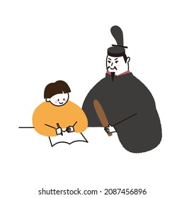 A vector illustration of a child studying next to Sugawara no Michizane, the god of Japanese learning.