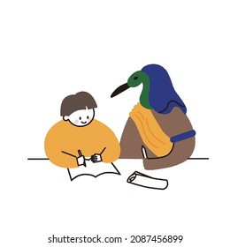 Vector illustration of a child studying next to Toto, the god of wisdom in Egyptian mythology.