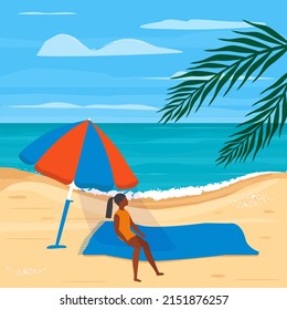 Vector illustration Child sunbathing on the beach. Girl on beach towel under a parasol. Sea background. Beach vacation, travel concept. Summer. Sea coast. Marine. Sand.