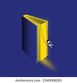 Vector illustration. Child swings from book, represents power of books to transport us to new worlds and adventure of reading. Concept of knowledge, literature, education.