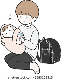 Vector Illustration of a child taking care of a baby.
Illustration material of a child who helps with housework, Young carer.
Child taking care of younger siblings.