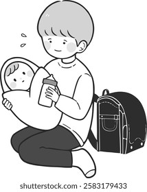 Vector Illustration of a child taking care of a baby.Illustration material of a child who helps with housework, Young carer.
Child taking care of younger siblings.
Black and white illustration.