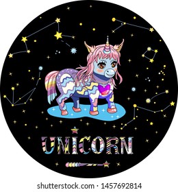 Vector illustration of child unicorn inside black circle with  stars, magic wand and word unicorn