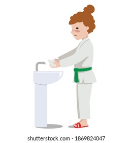 Vector illustration of a child in uniform. The girl follows hygiene, washes her hands. Suitable for oriental martial arts such as aikido, judo, karate, jiu-jitsu, bodo
