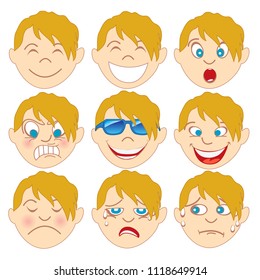 Vector Illustration of a child with various emotion faces. Great for Emoji Emoticons or stickers.